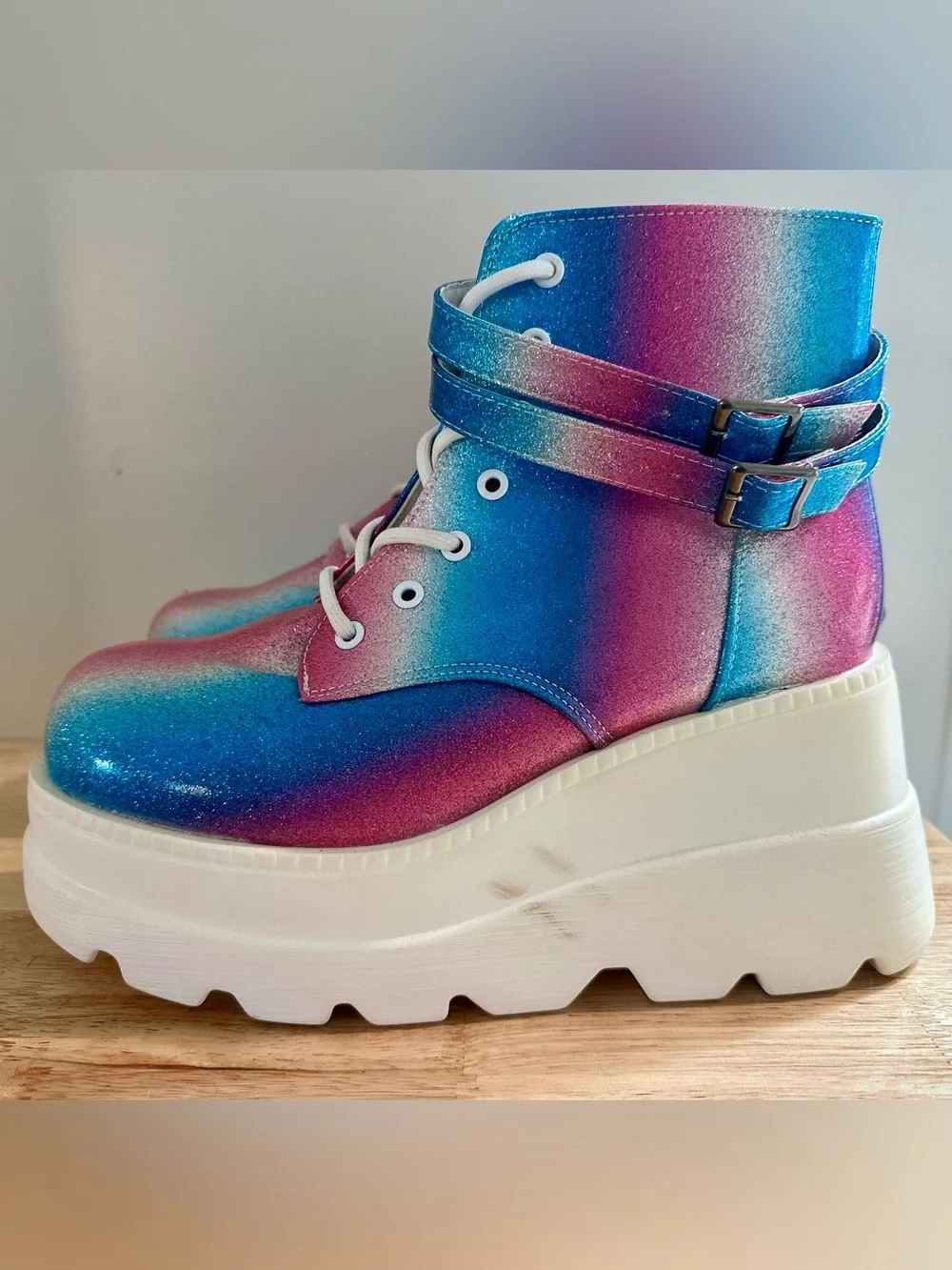 Glitter Gradient Platform Ankle Boots — Blue & Pink